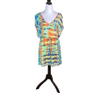 GB Orange, Yellow, And Blue Fit And Flare V-Neck Dress, Size M
